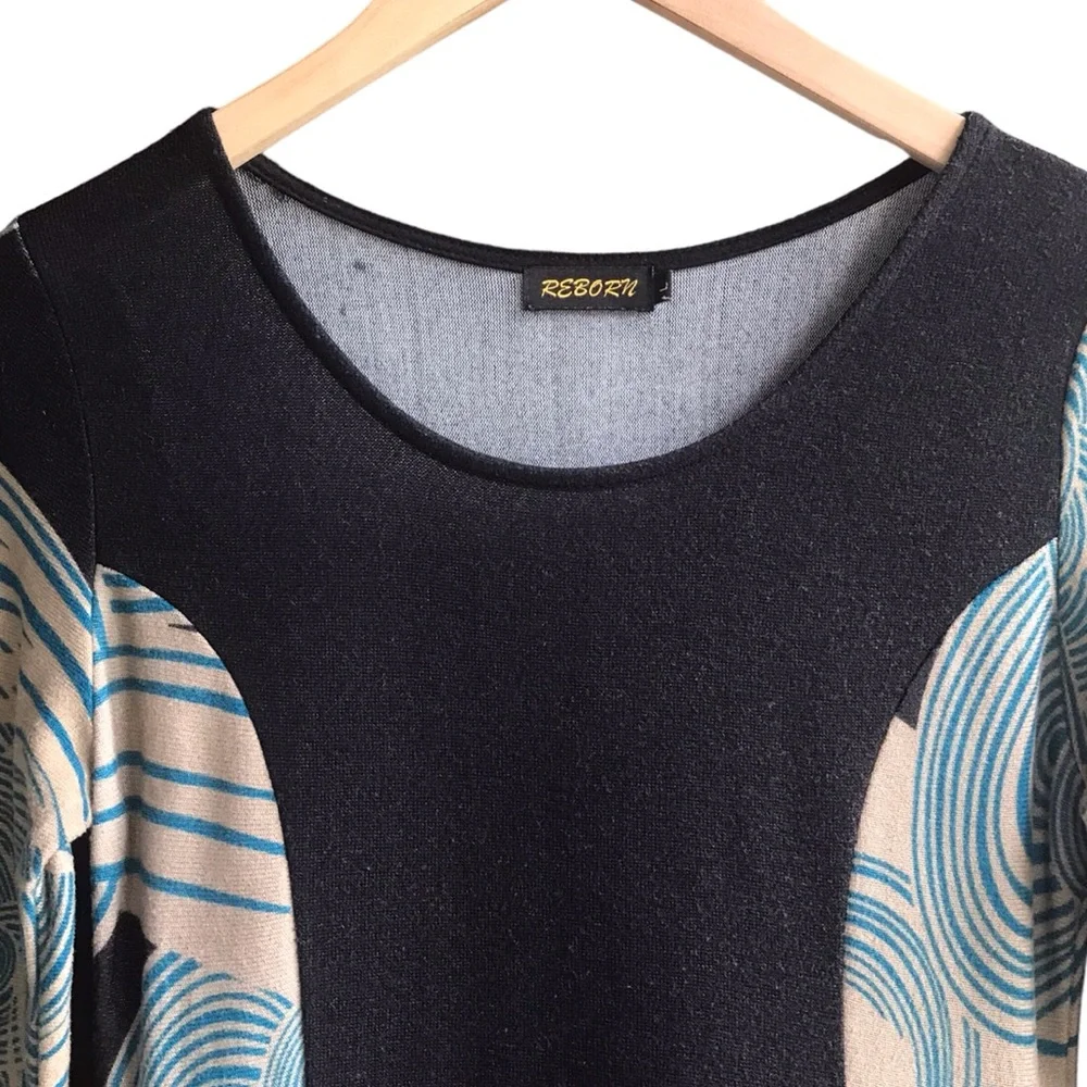 REBORN Boho Swirls Dress Pockets Size L Black Blue Art Deco 3/4 Sleeves Comfy